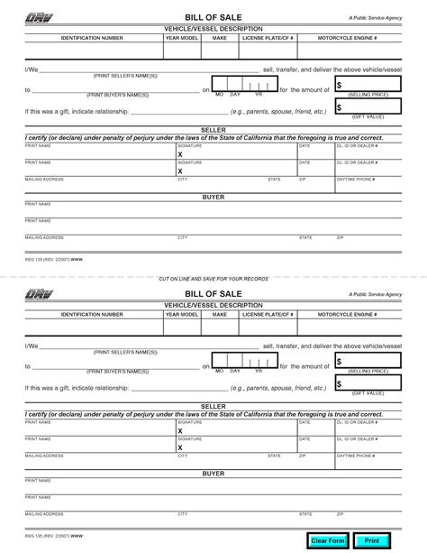 dmv california automobile bill of sale form