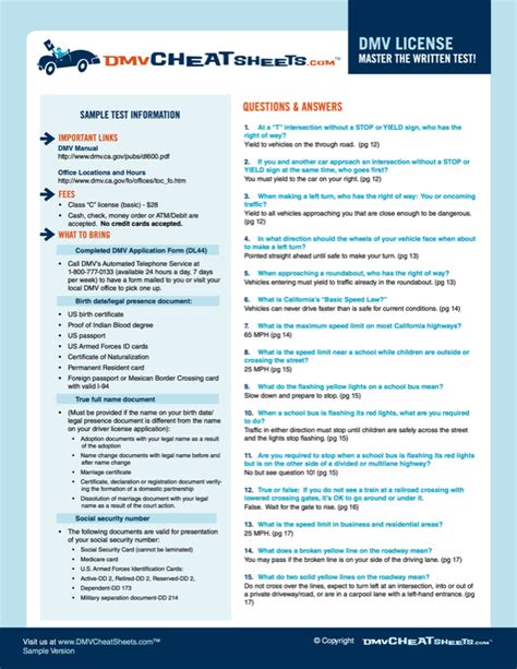Dmv Cheat Sheet Printable