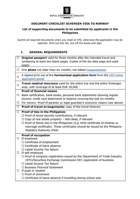 document checklist schengen visa to norway