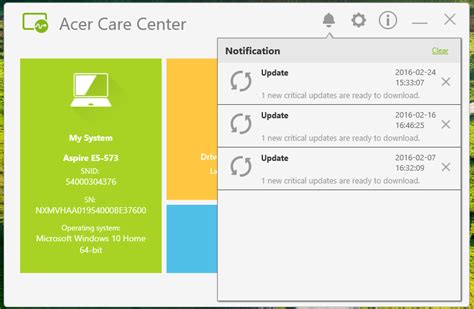 does acer care center update drivers
