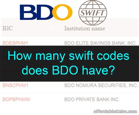 does bdo have one swift code