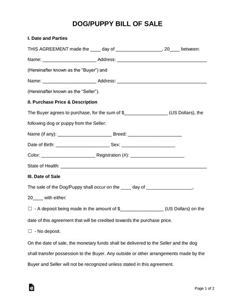 Free Dog or Puppy Bill of Sale Form PDF DOCX
