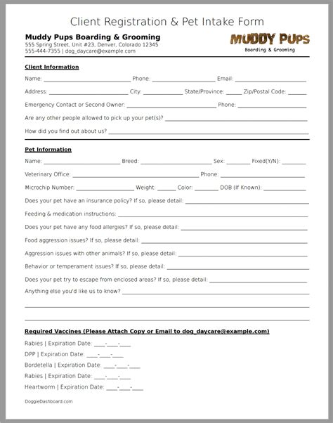 dog boarding registration form template