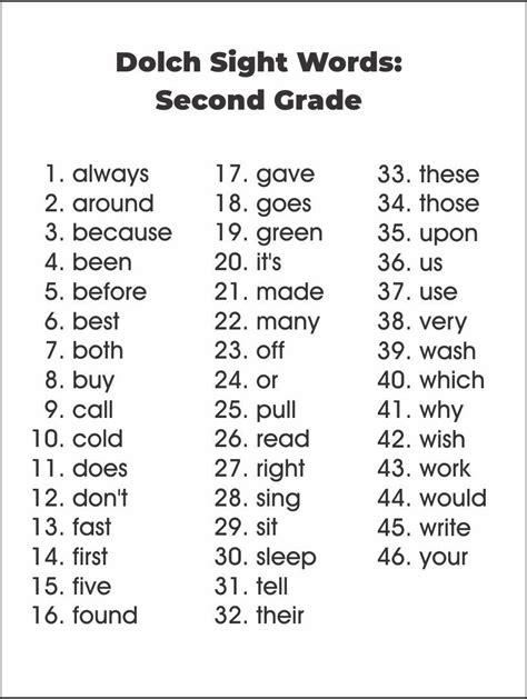 Dolch Second Grade Sight Words Printable