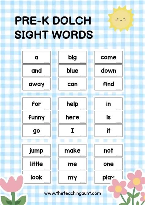 Dolch Sight Words Prek Printable