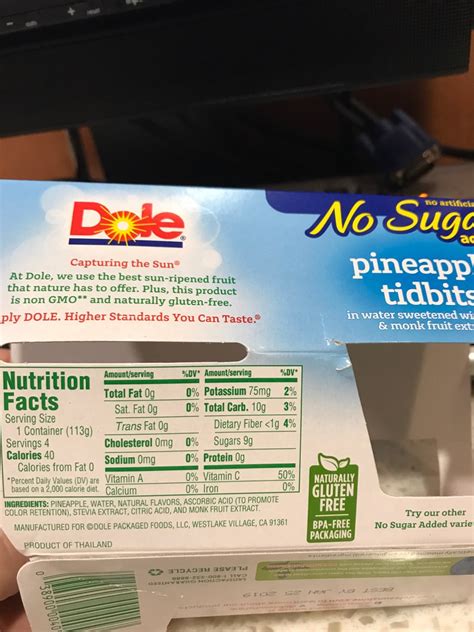 Dole Pineapple Tidbits Nutrition