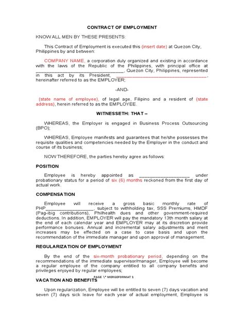 dole standard employment contract philippines