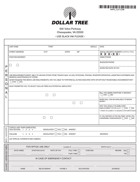 Dollar Tree Application Walla Walla Printable