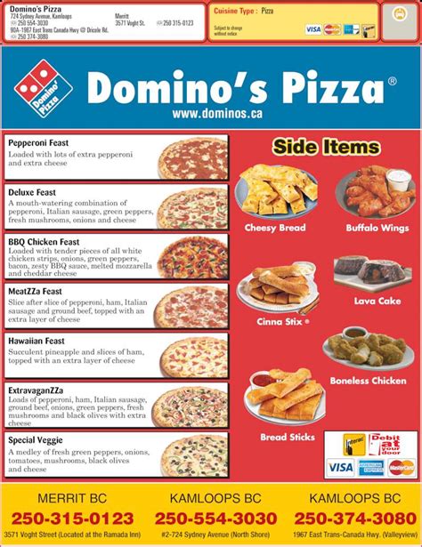domino's pizza menu with price list