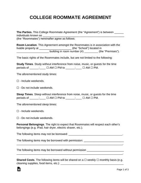 dorm roommate contract template