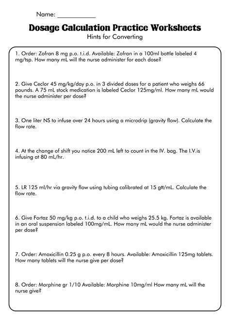Dosage Calculations Printable Tests