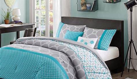 Love this teal, white, and grey bedding set Bedrooms