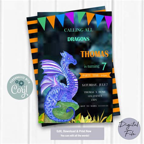 Dragon Invitation Printable Editable