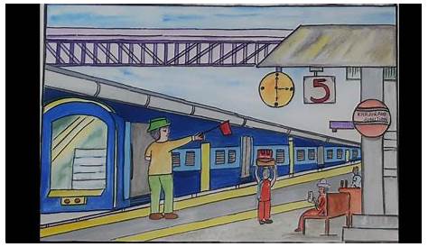 Drawing Of Railway Station Scene For Kids Train At Gets Free Download