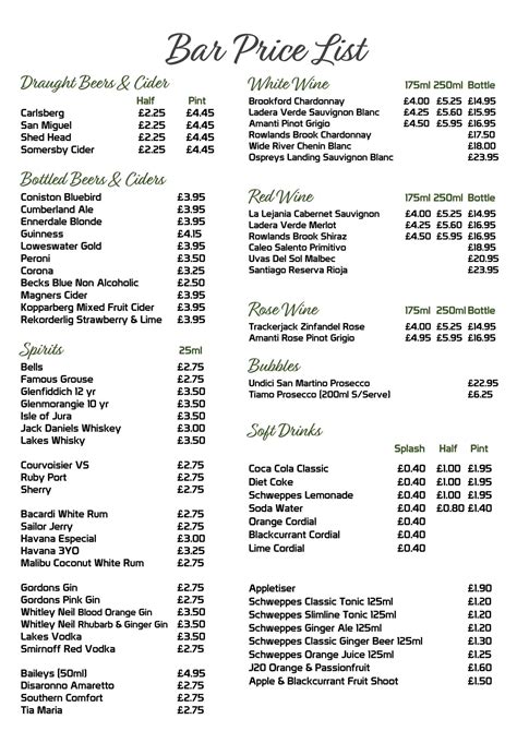 Drinks Price List In Pubs