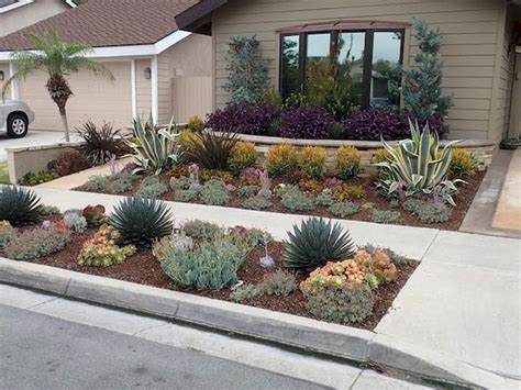 Attractive waterwise front lawn with drought tolerant plants, rocks