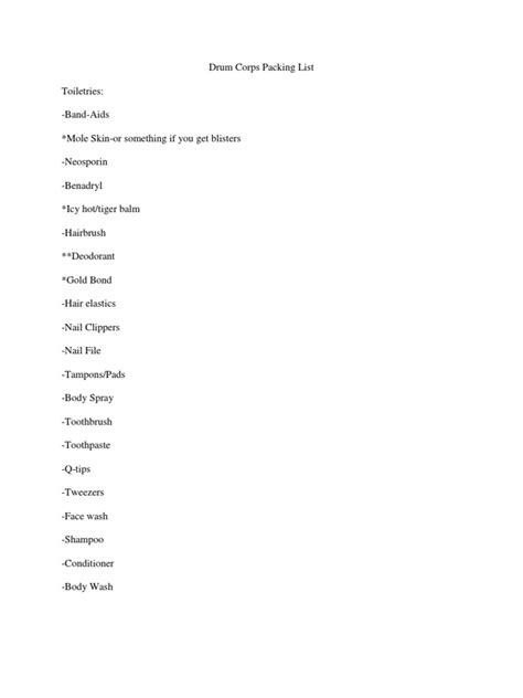 Drum Corps Packing List
