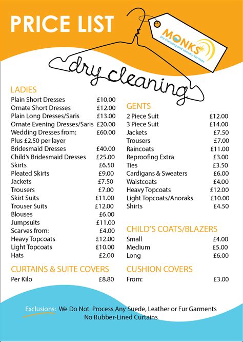 dry cleaning prices