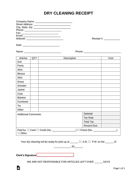 Free Dry Cleaning Receipt Template Word PDF eForms