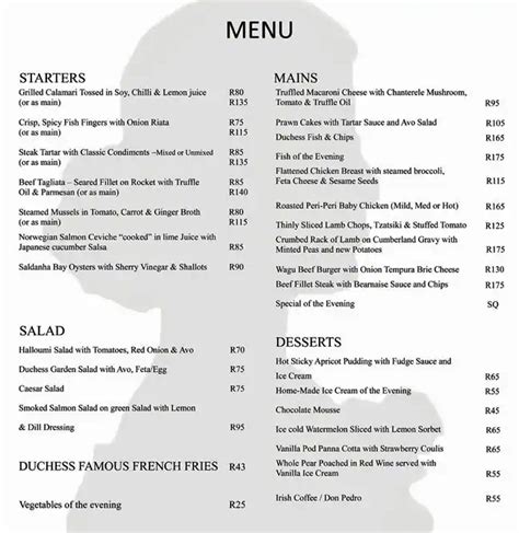 Duchess Menu With Prices