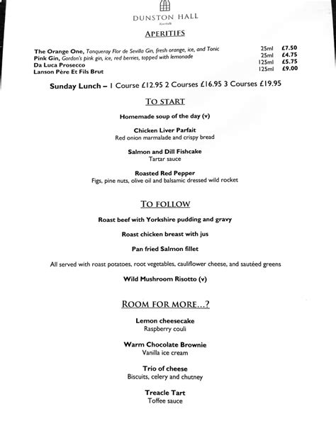 dunston hall menu prices