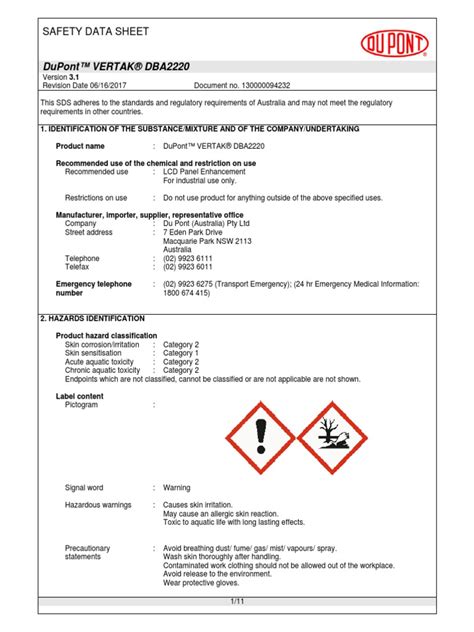 Dupont Safety Data Sheets