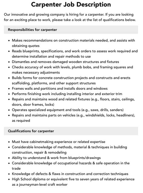 duties and responsibilities of a carpenter