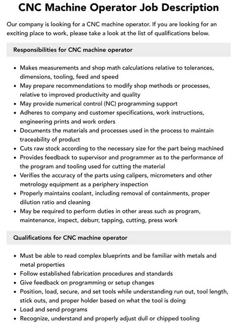 duties and responsibilities of cnc machine operator
