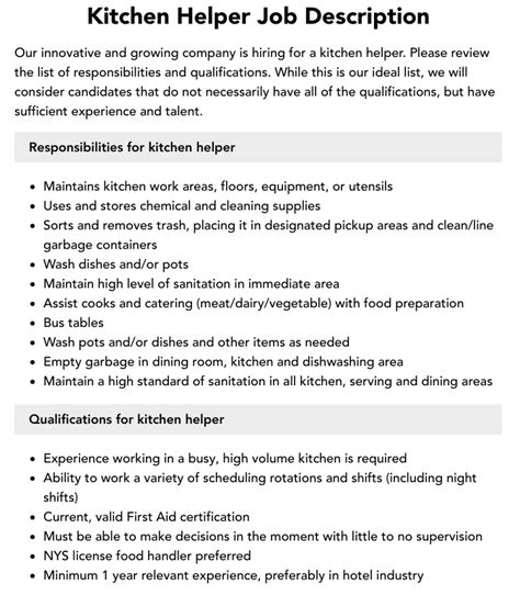 duties and responsibilities of kitchen helper