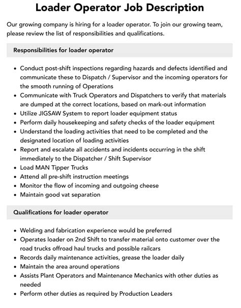 Duties And Responsibilities Of Loader Operator
