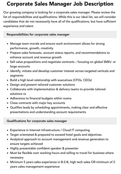 duties of corporate sales manager skills