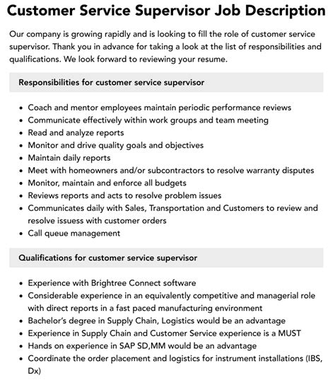 Duties Of Customer Service Supervisor