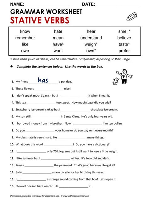 dynamic and stative verbs exercises with answers