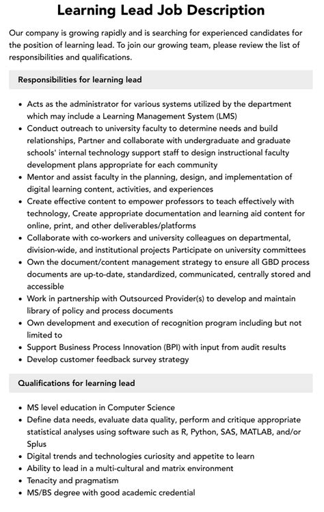 E-Learning Lead Job Description