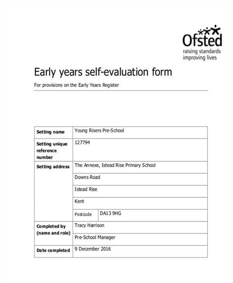 early years self evaluation form template