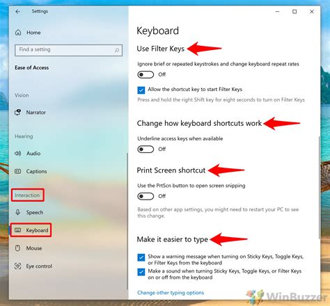 ease of access keyboard settings windows 10