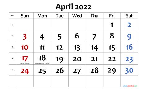 easter april 2022 calendar with holidays