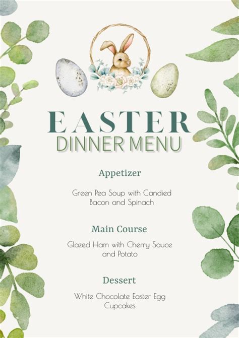 Easter Dinner Menu, Easter Bunny Menu Template, 5 x 7 Printable Menu