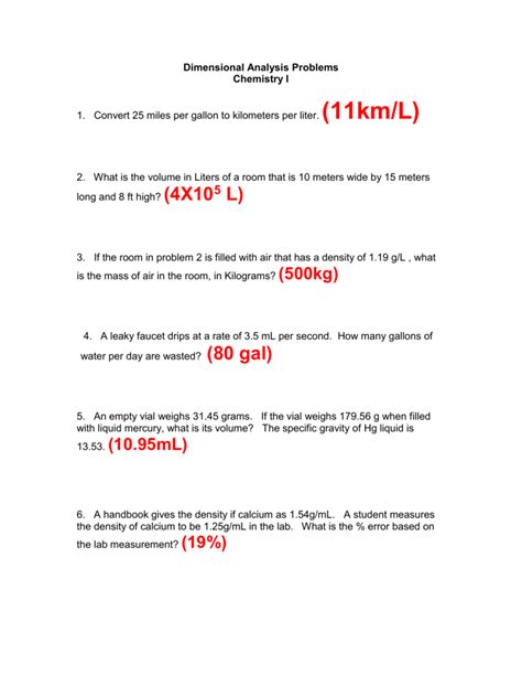 easy dimensional analysis problems worksheet