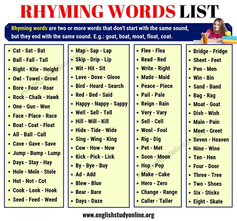 Easy Rhymes Words List