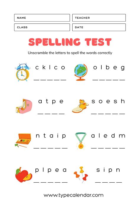 Easy Spelling Tests Free Printable