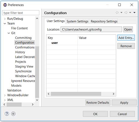 eclipse set git username and password