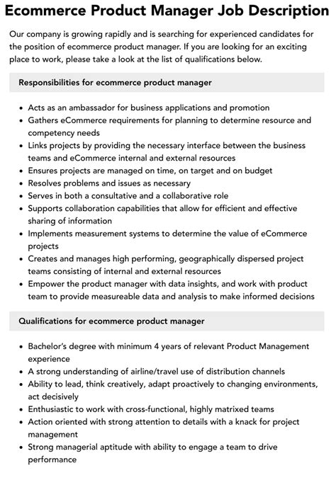 ecommerce product management job description