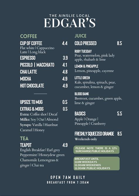 Edgars Ainslie Menu