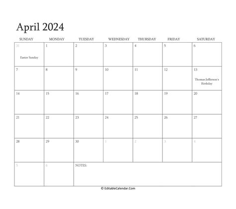 Editable April Calendar 2024