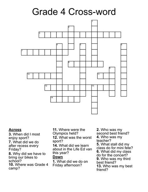 Screenshot of puzzle worksheet year 4 crossword template in use