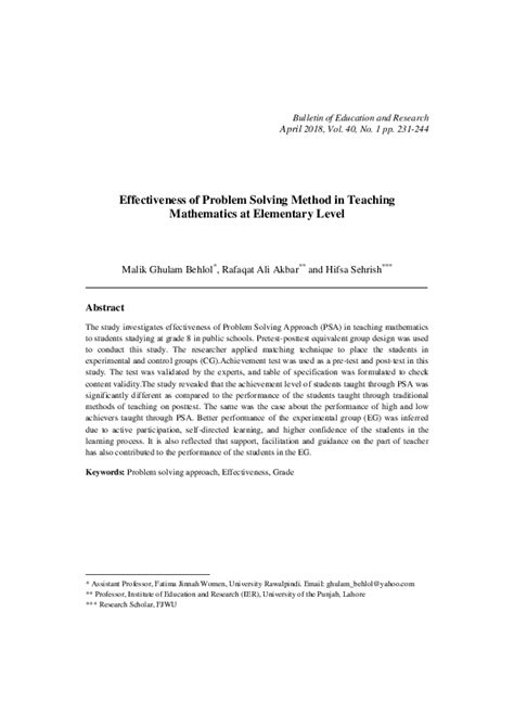 effectiveness of problem solving method in teaching mathematics at elementary level