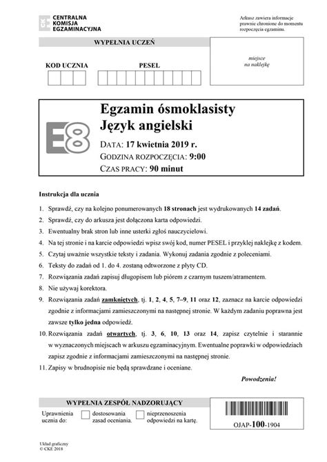 egzamin ósmoklasisty angielski arkusze pdf