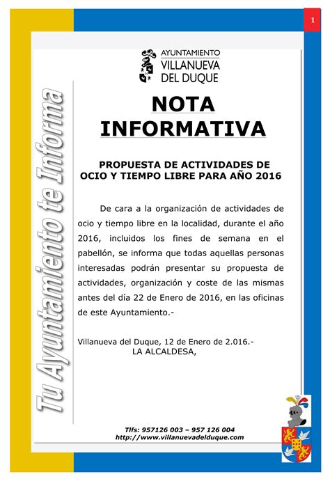 Nota Informativa Propuesta de actividades de ocio y tiempo libre para