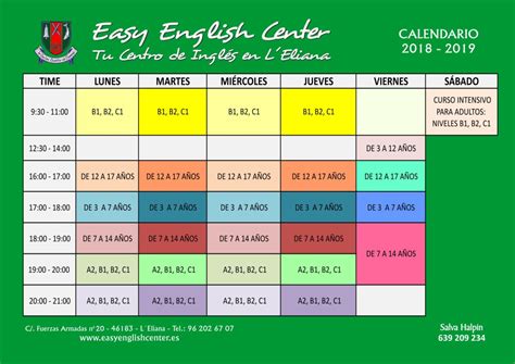 el horario de clase in english